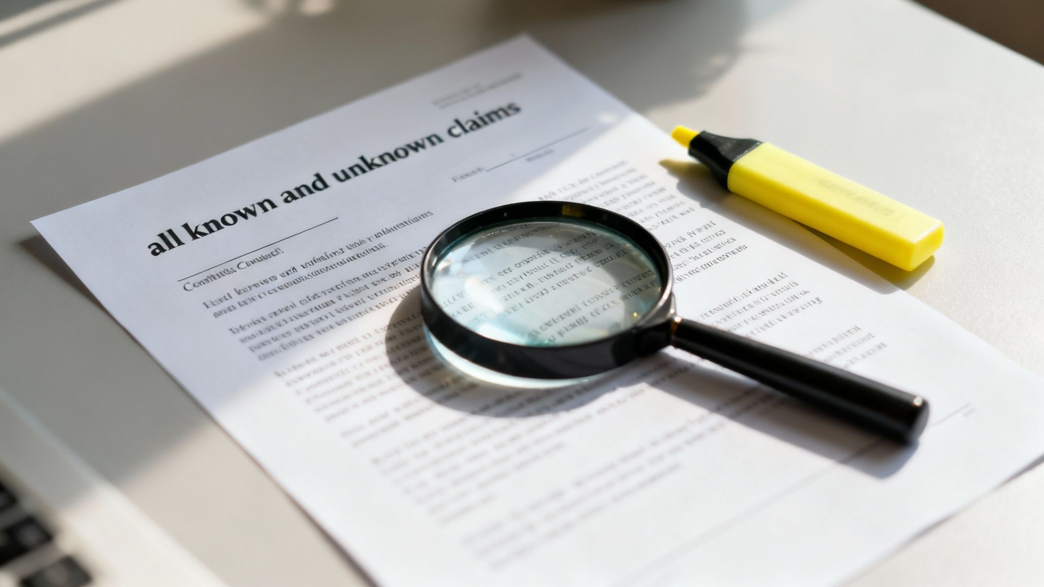 A document titled 'all known and unknown claims' with a magnifying glass and yellow highlighter on a desk.