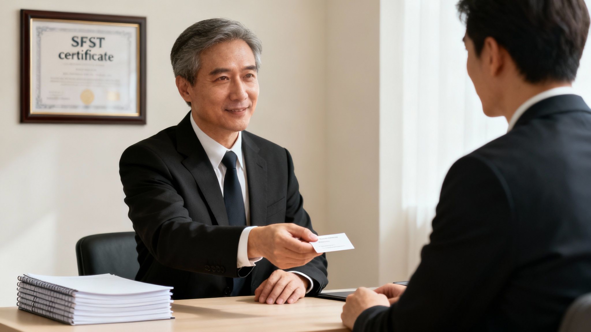 Professional lawyer handing business card to client in office setting, emphasizing legal consultation for DWI defense.