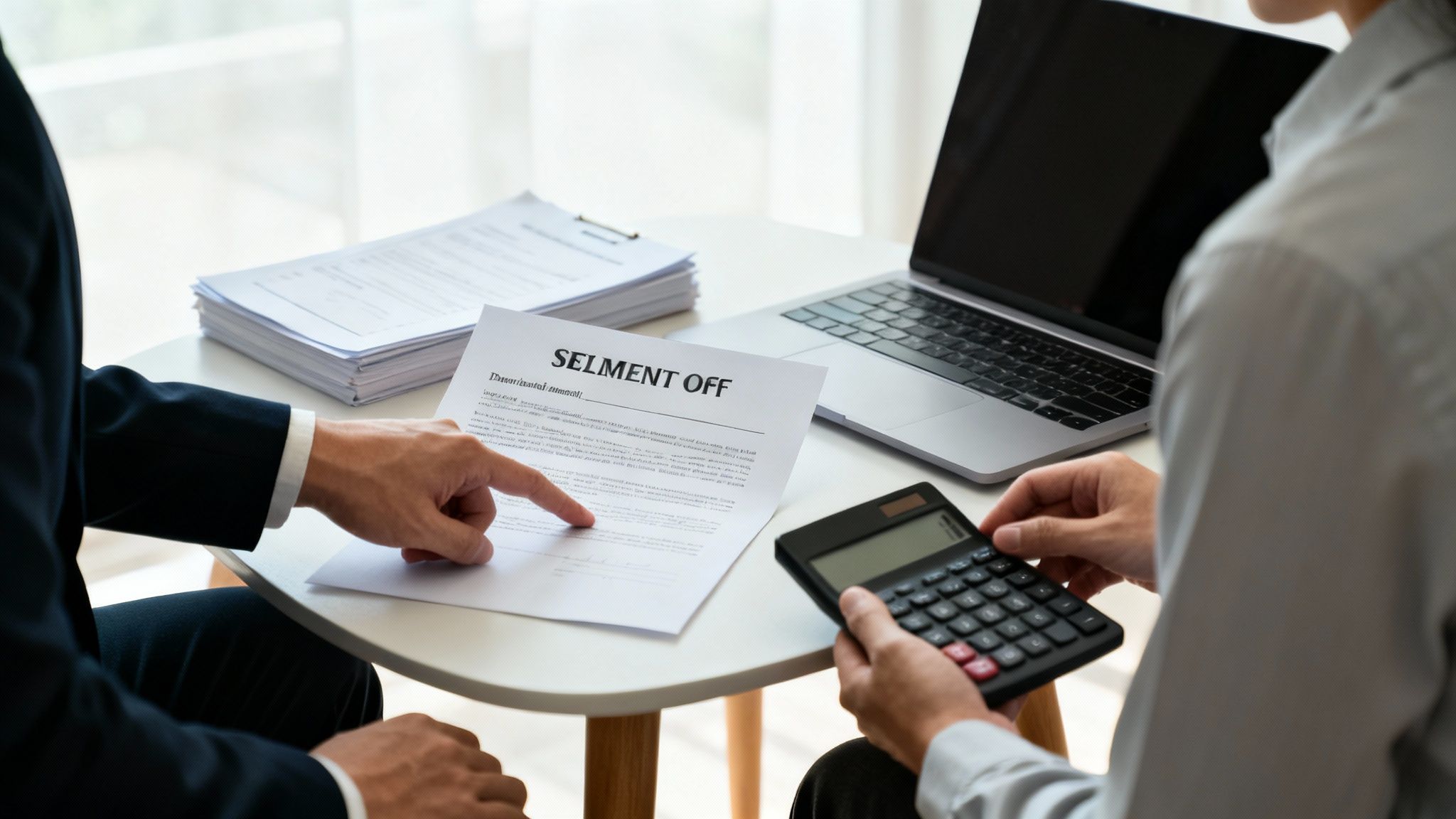 Two people review a settlement document with a calculator and laptop on a white table.