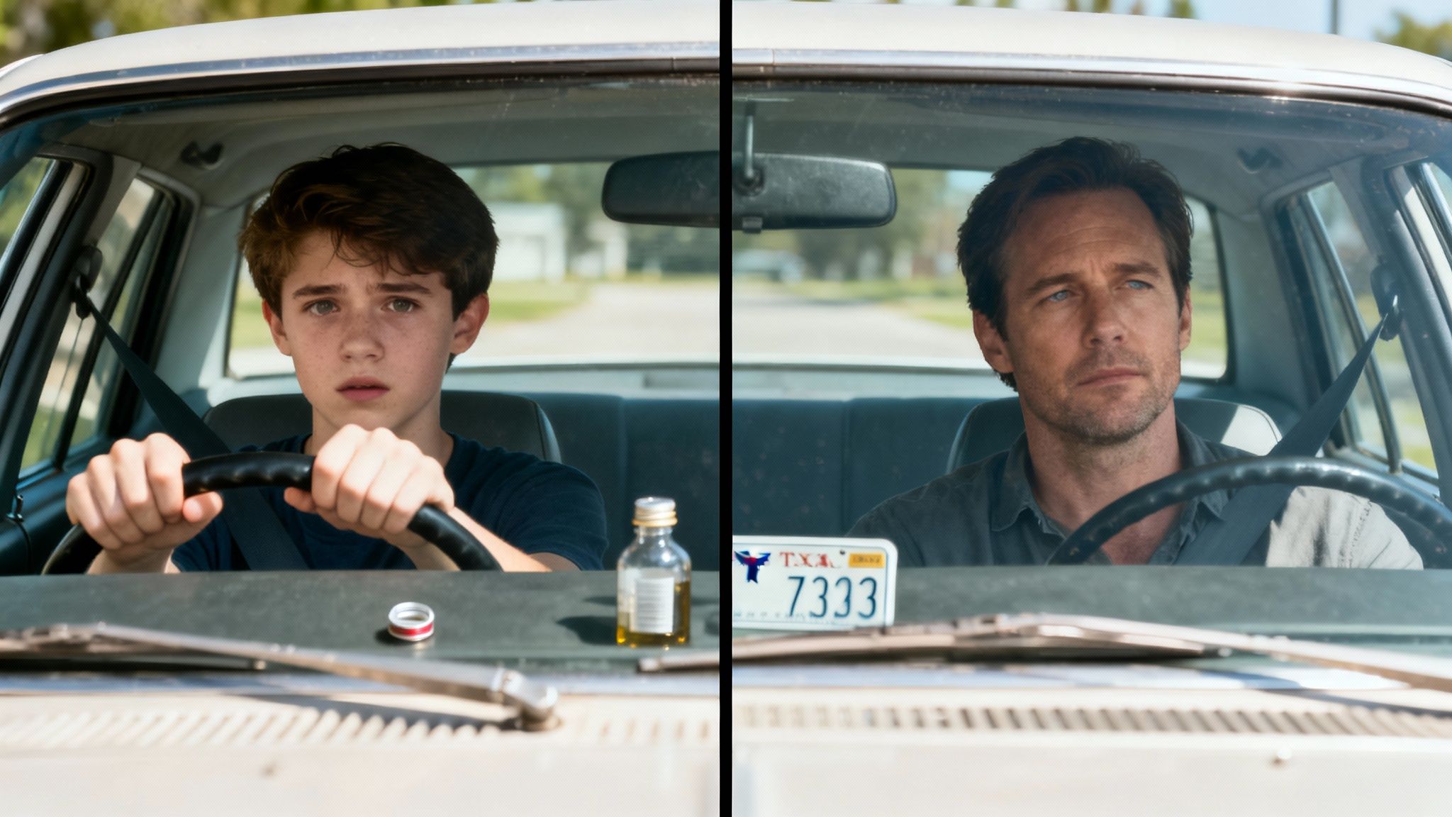 Split image of a young boy driving anxiously and a man thoughtfully driving a car in Texas.