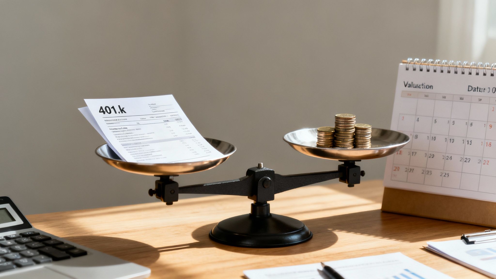 A balance scale weighing a 401k document against stacks of gold coins on a wooden desk.