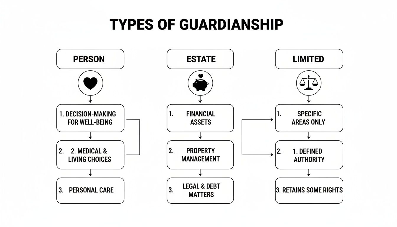 A flowchart illustrates three types of guardianship: Person, Estate, and Limited, detailing their specific responsibilities.