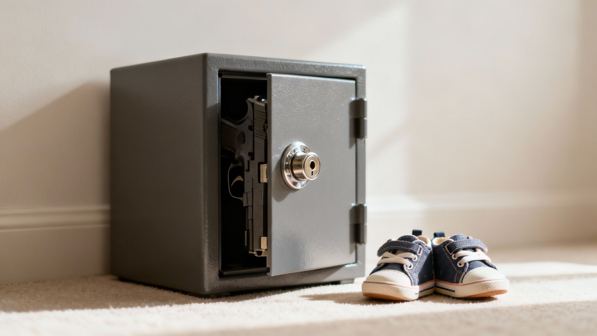 Open gray security safe on floor beside small children's sneakers representing protective measures