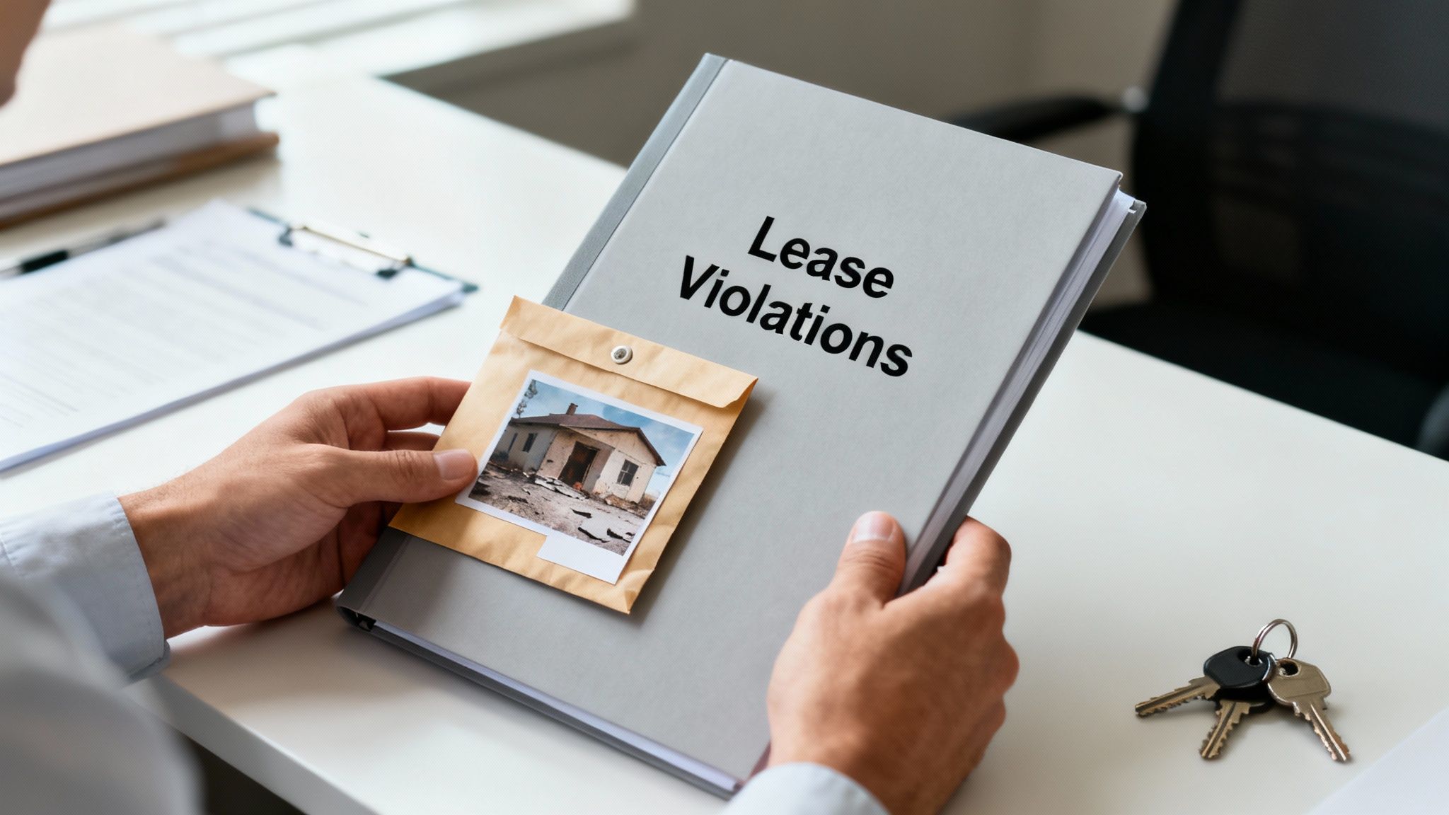 Person holding a folder labeled "Lease Violations" with a photo of a damaged property attached, symbolizing legal issues in eviction processes for landlords in Texas.