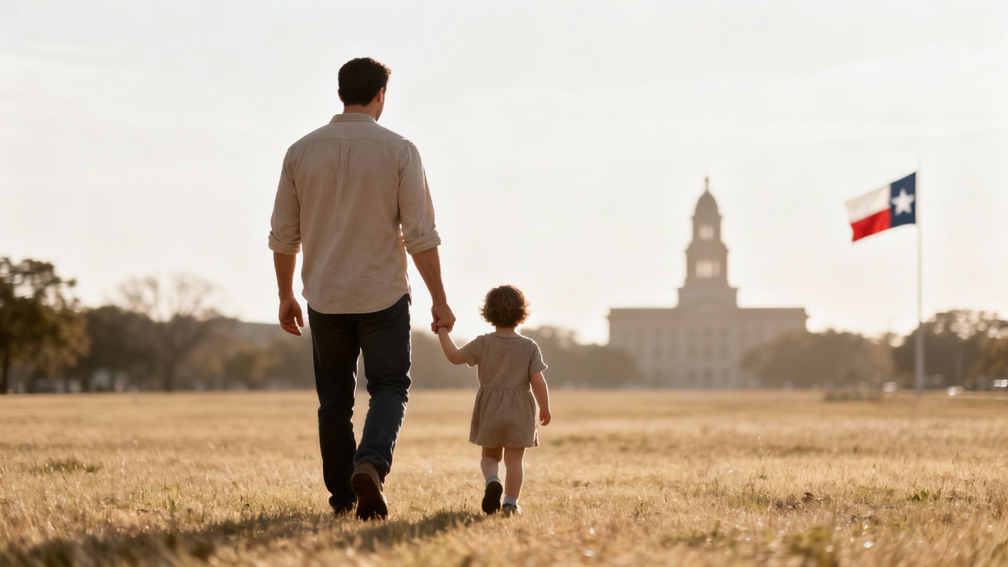 Father and child holding hands walking in a field towards the Texas State Capitol building and flag.