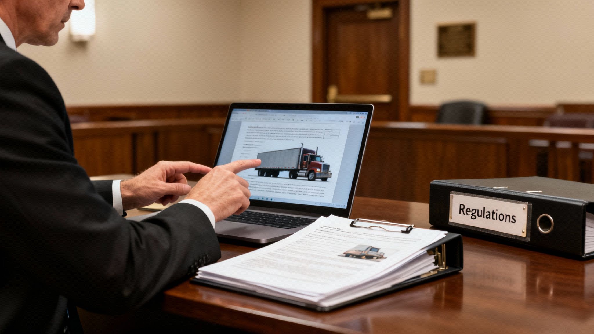 A lawyer reviews trucking regulations on a laptop screen, with a 'Regulations' binder.