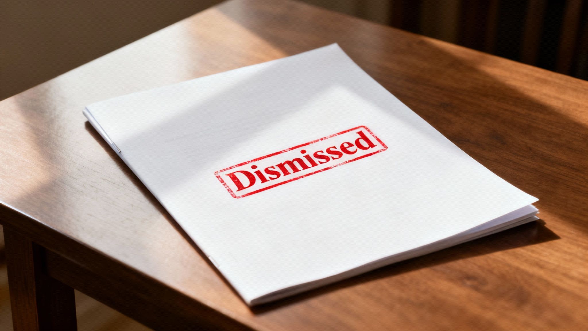 A legal document with a red 'Dismissed' stamp on white paper, resting on a wooden table.