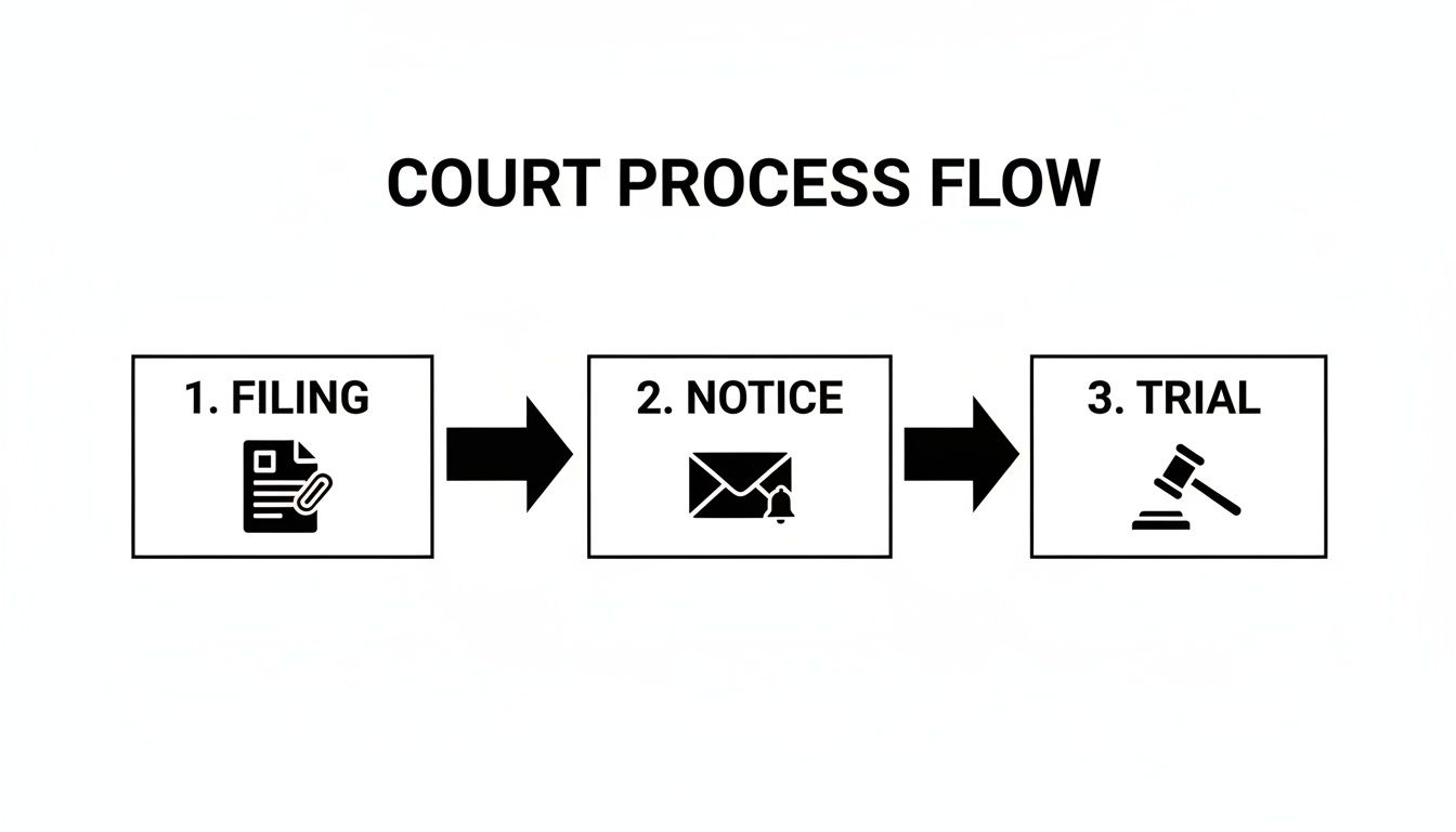Court process flow diagram illustrating steps: filing, notice, and trial with relevant icons.