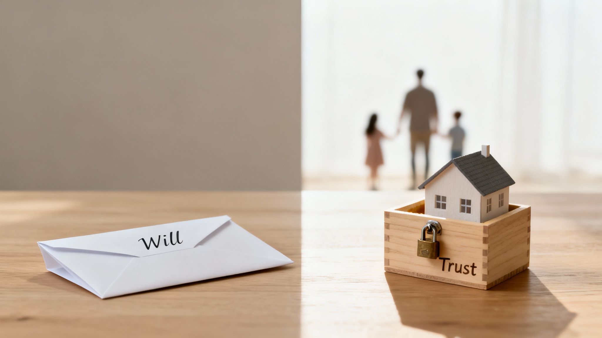 An envelope labeled 'Will' next to a 'Trust' box with a house and padlock, with a blurry family in the background.