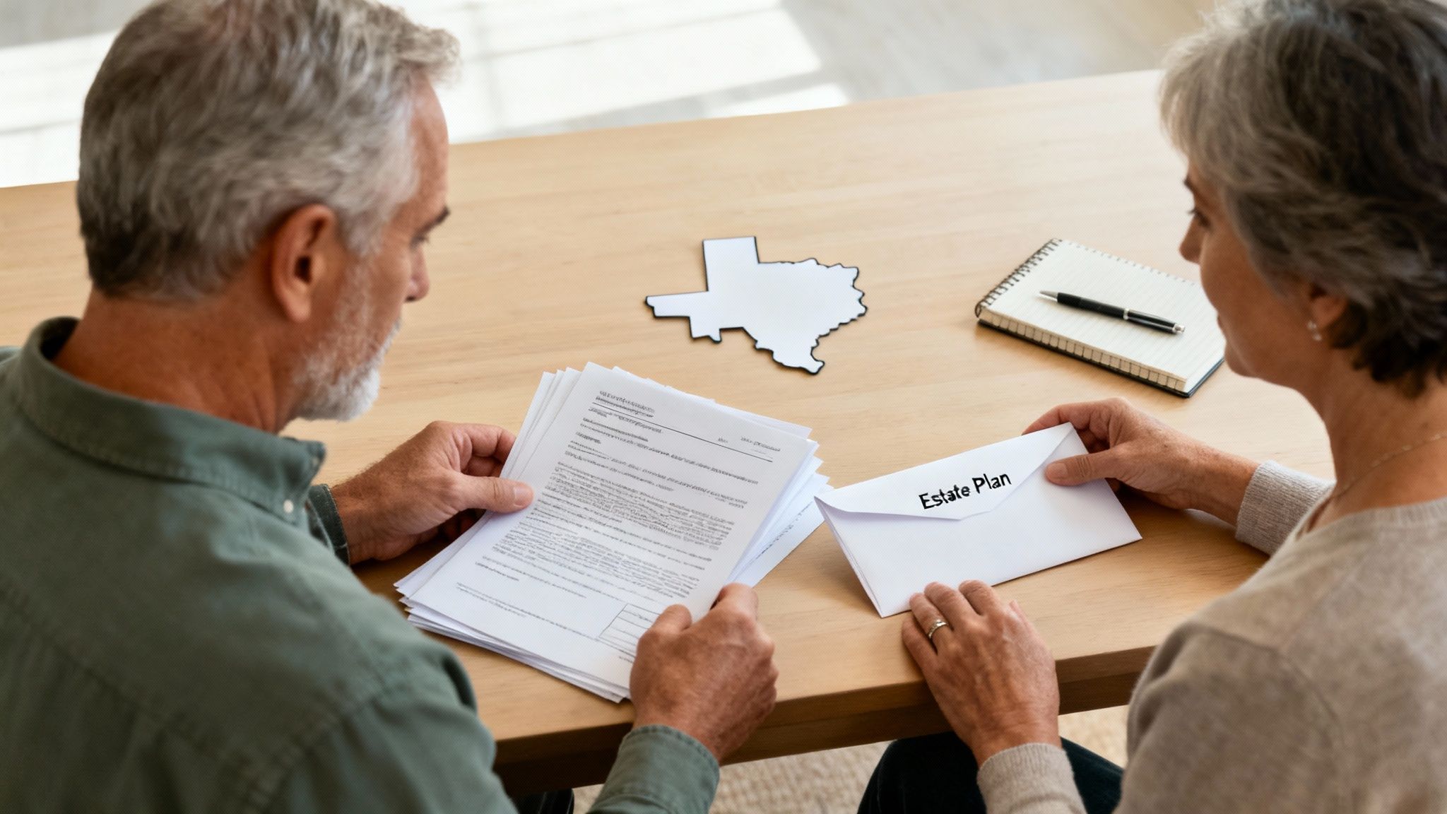 A family reviewing financial documents at a wooden table, symbolizing estate planning.