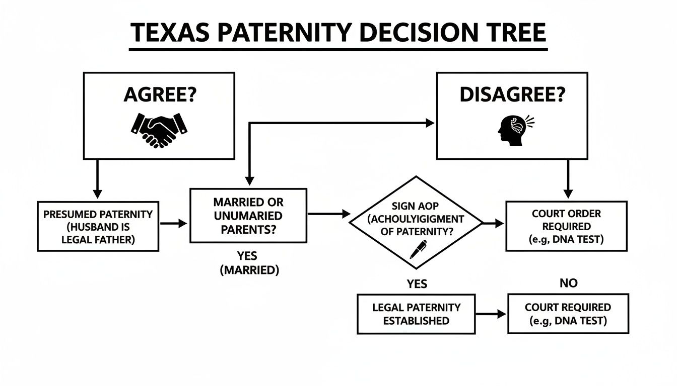 Flowchart illustrating the Texas paternity decision tree, detailing steps for establishing legal fatherhood.