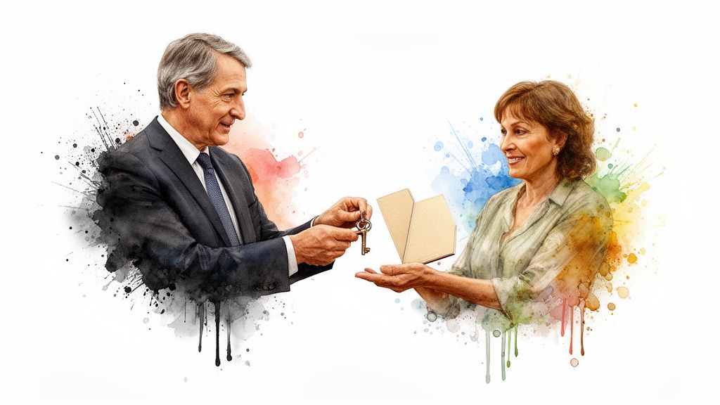 Man handing a key to a woman, symbolizing trust and responsibility in managing a special needs trust in Texas.