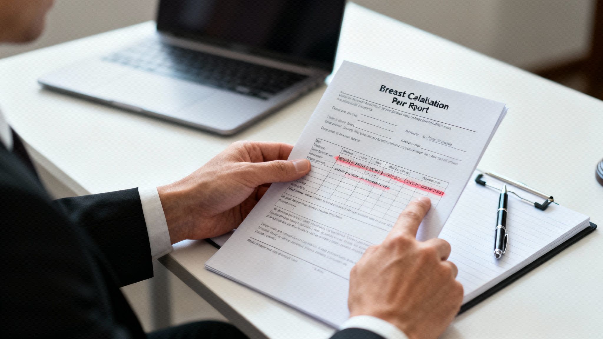 Person in a suit reviewing a legal document titled "Breast Calculation Per Report" with highlighted text, laptop and notepad visible on the desk, emphasizing attention to detail in legal matters.