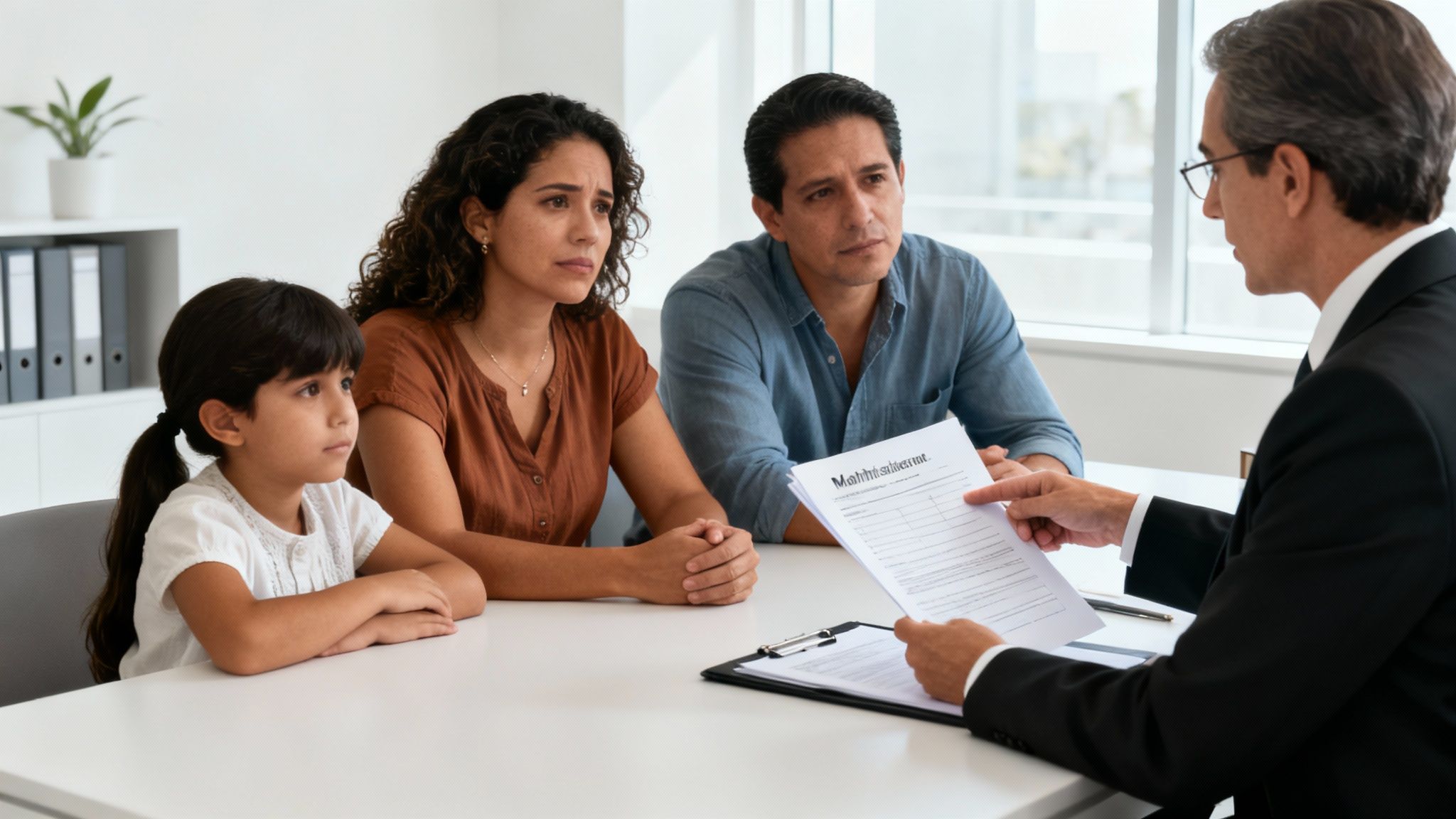 Padre hispano trabajando en su computadora portátil mientras su hija pequeña juega cerca, simbolizando la planificación familiar.