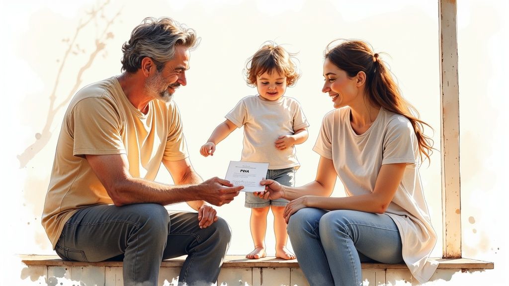 Family discussing a Power of Attorney document, emphasizing trust and care in financial and medical decision-making.