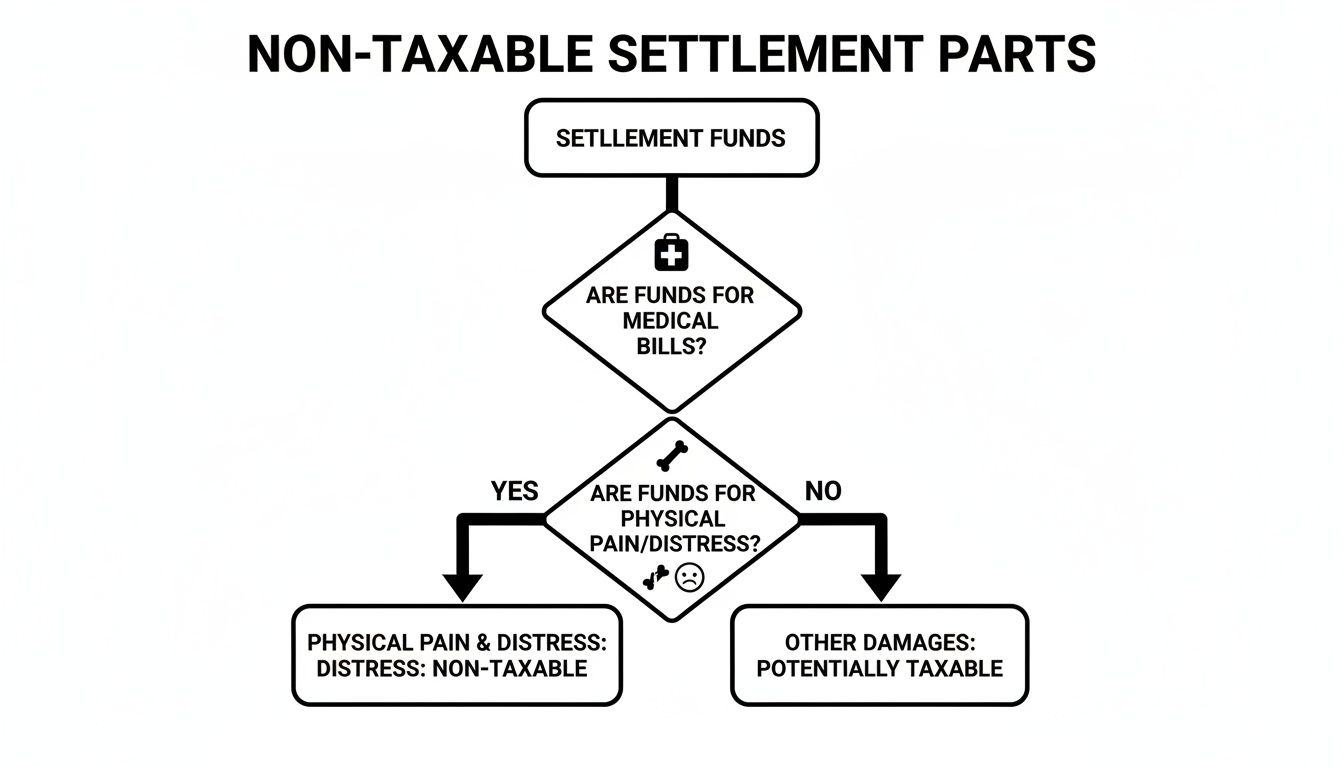 Flowchart detailing the non-taxable components of settlement funds, including medical bills and physical distress.