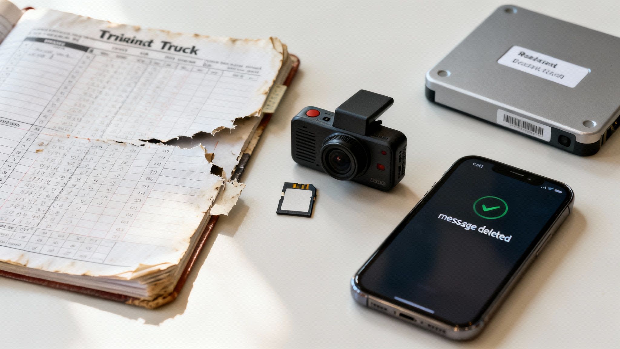 An old logbook, dash cam, SD card, smartphone with 'message deleted', and a data device on a desk.