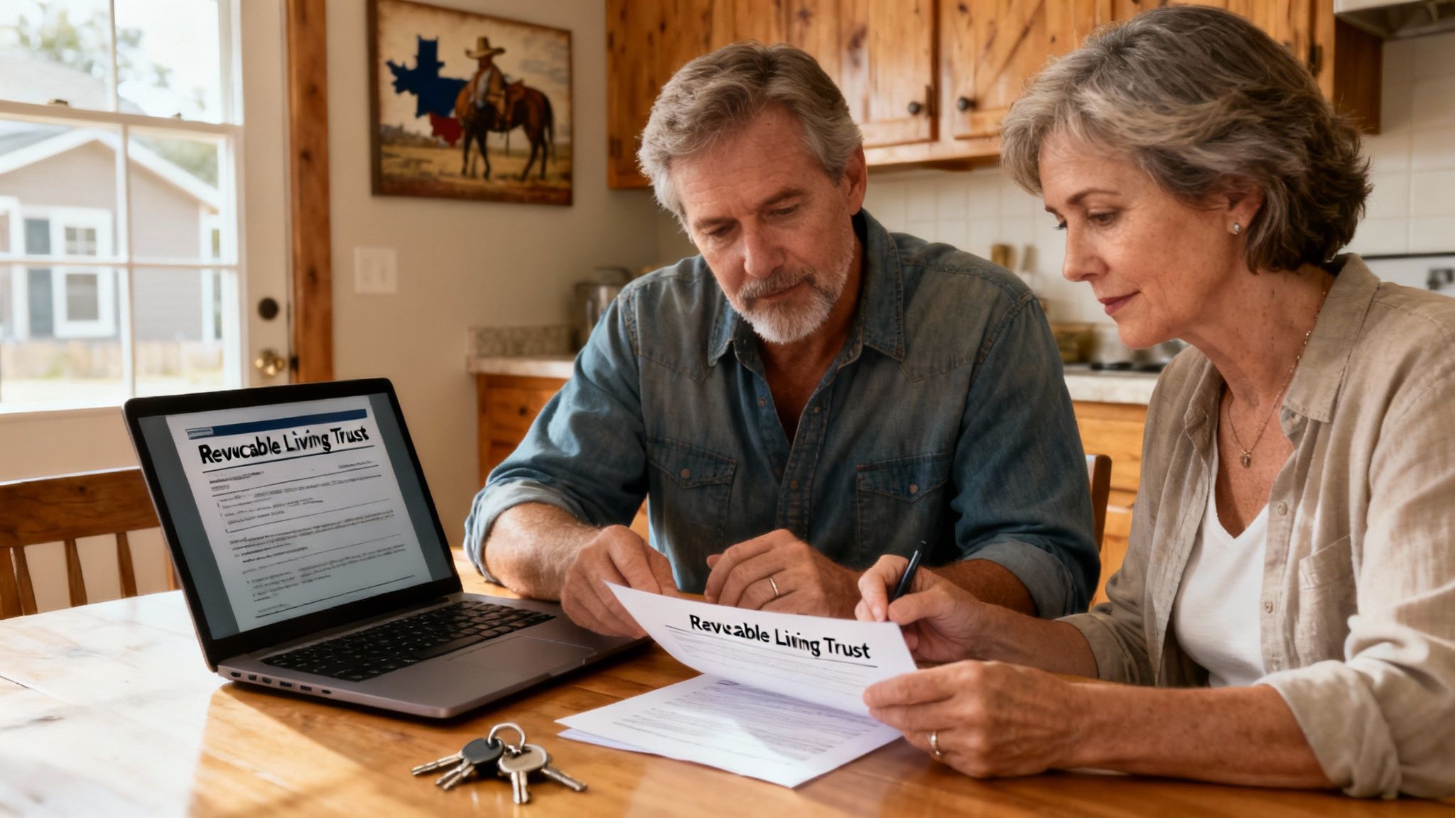 Couple reviewing a Revocable Living Trust document at a kitchen table with a laptop and house keys, emphasizing estate planning for Texas families.
