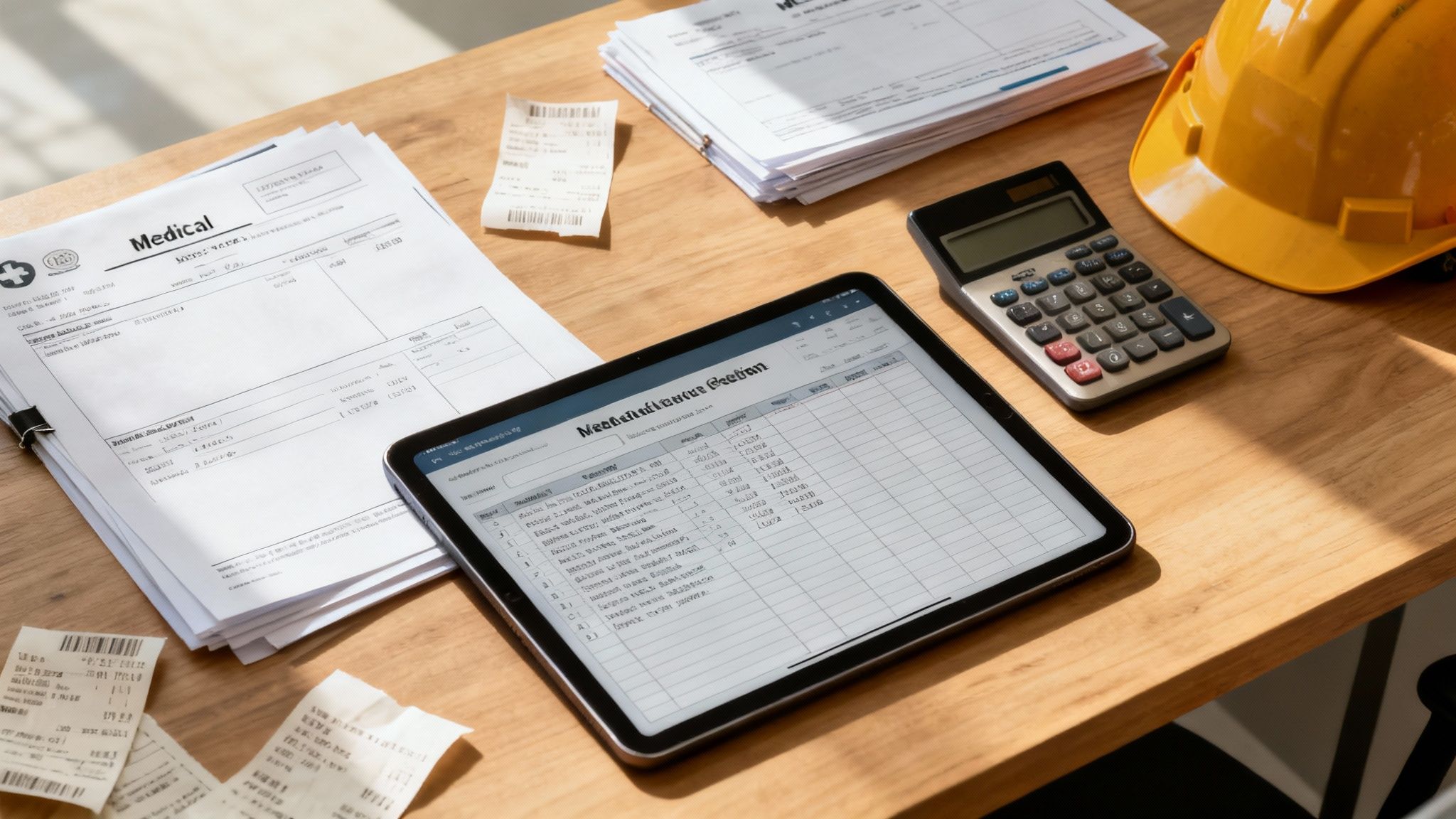 A desk with medical documents, a tablet with a spreadsheet, calculator, receipts, and a hard hat.
