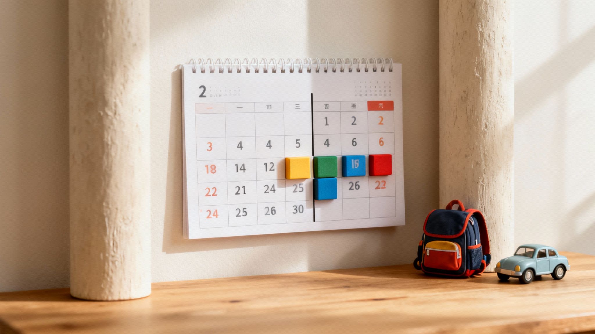 A February calendar with colorful blocks marks dates, alongside a small backpack and toy car on a wooden desk.
