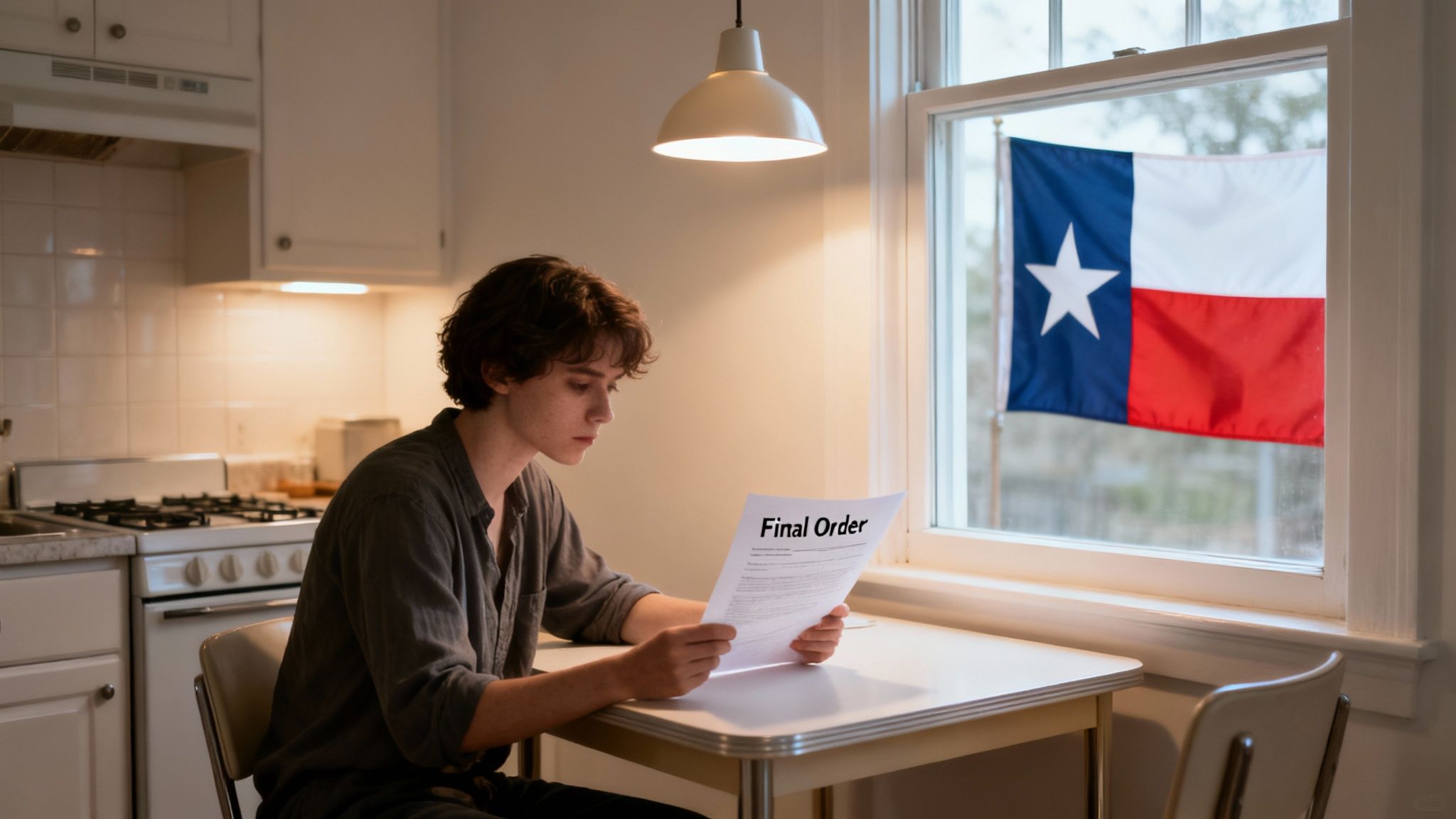 A young person reads a 'Final ' document at a table in a kitchen with a Texas flag visible outside.