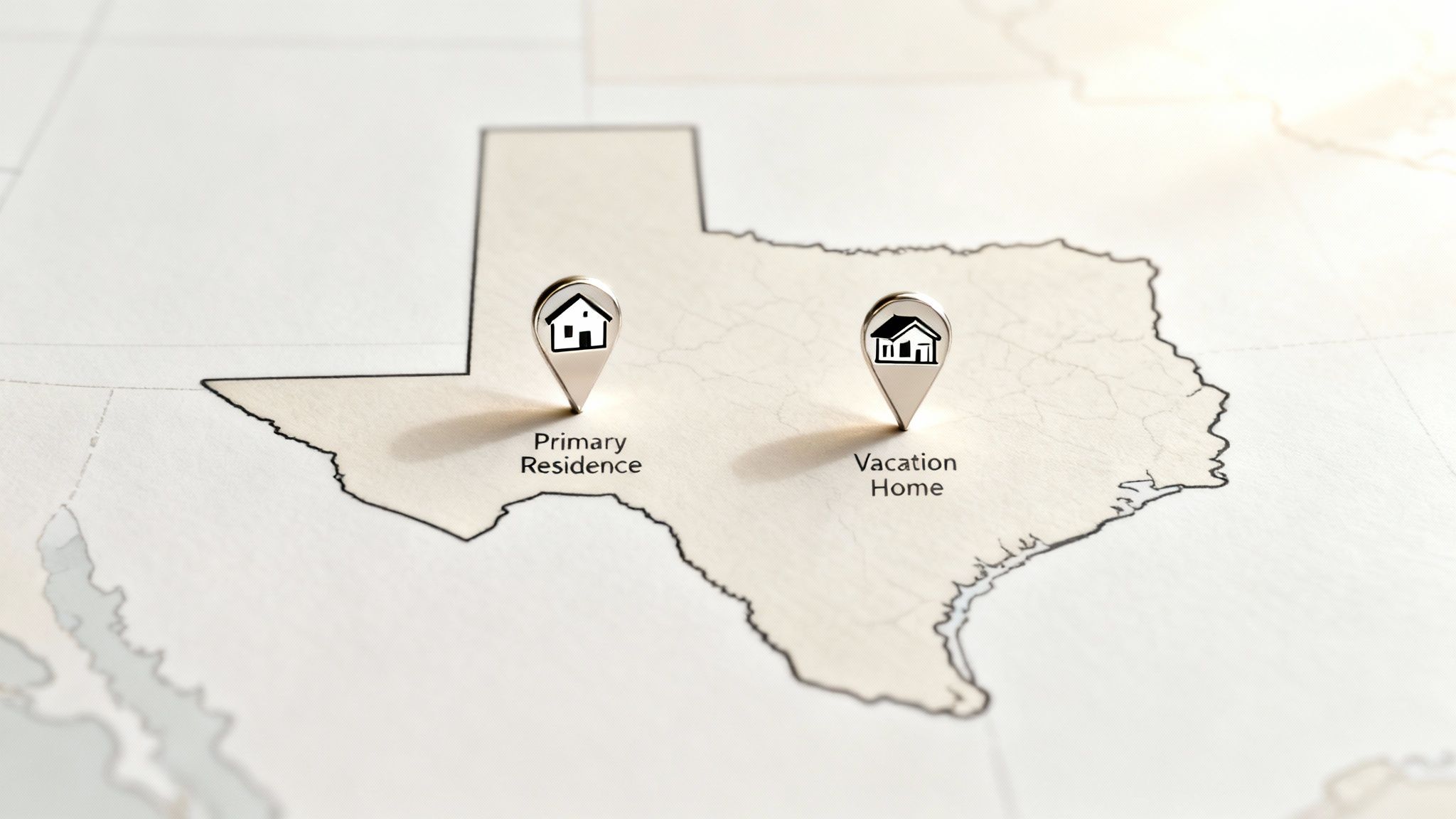 Map of Texas highlighting primary residence and vacation home locations, relevant to estate planning for families with diverse assets.