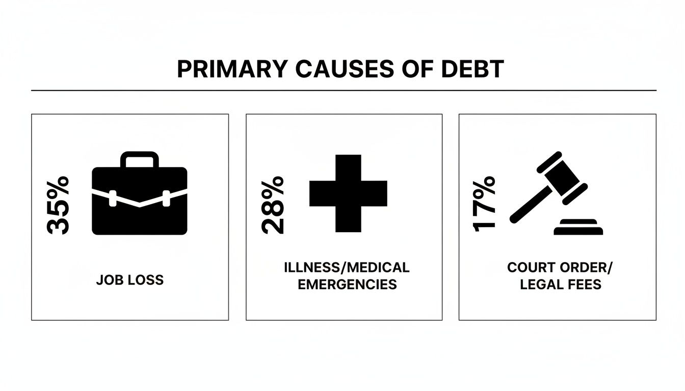 Infographic showing primary causes of debt: Job Loss (35%), Illness/Medical Emergencies (28%), and Court Order/Legal Fees (17%).