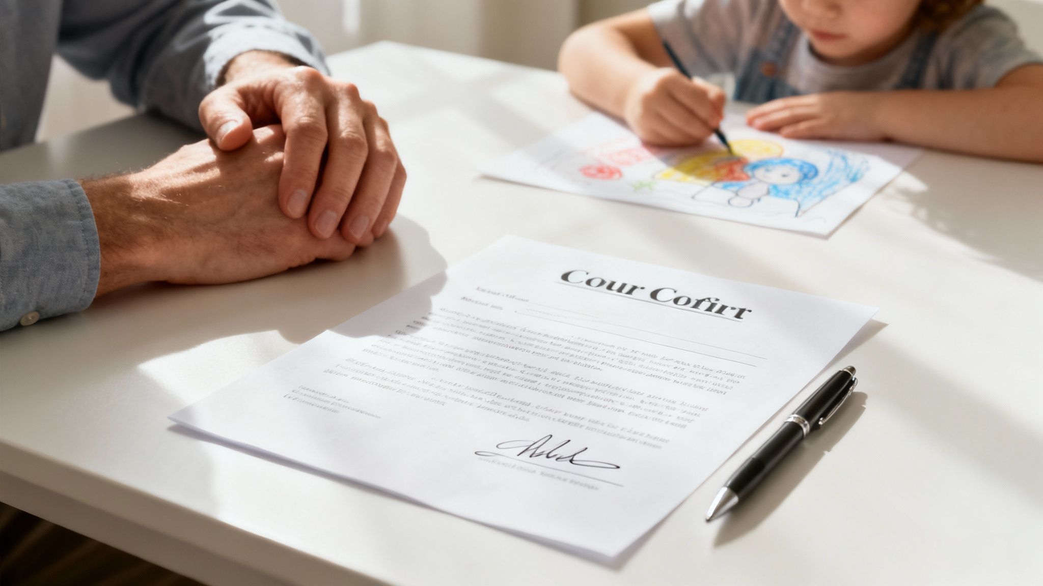 A parent and child looking at a legal document together, symbolizing the rights and responsibilities of a sole custody order.