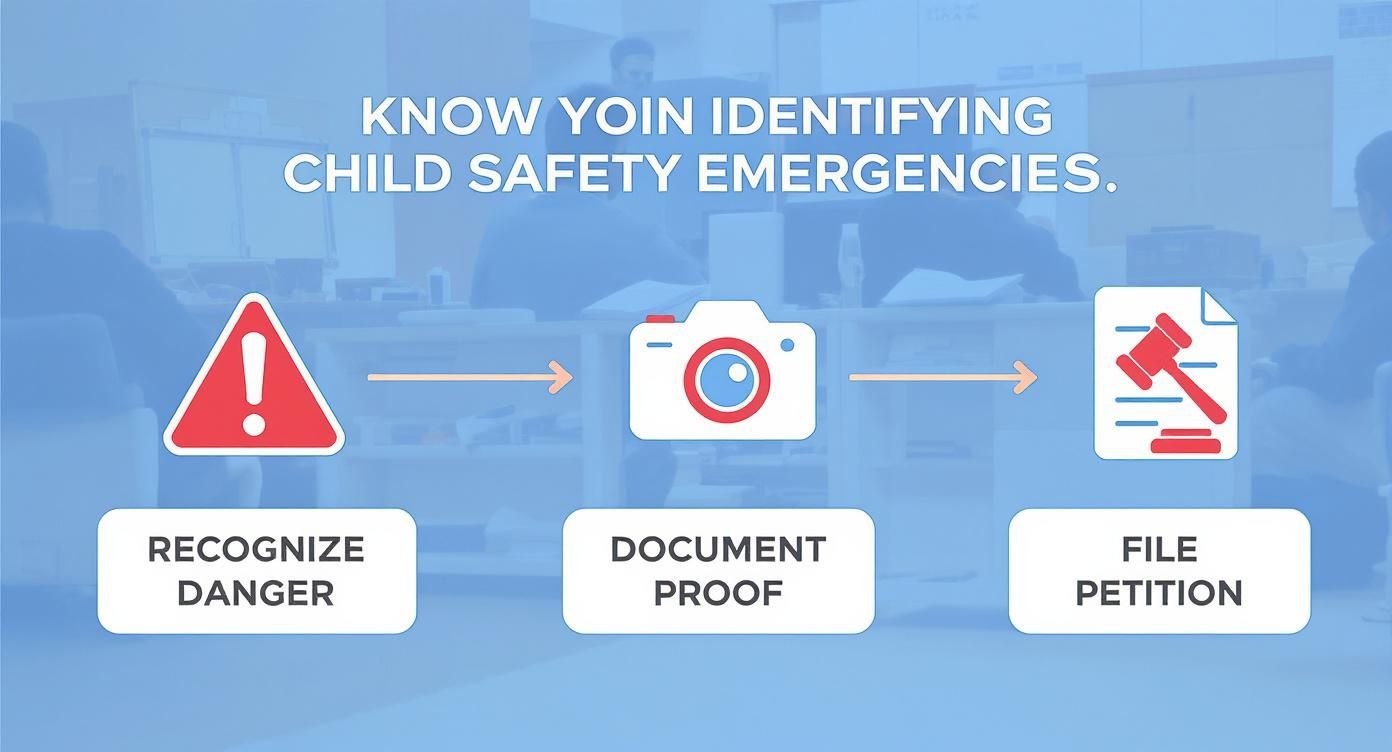 Infographic illustrating steps for identifying child safety emergencies: Recognize danger, document proof, and file petition.