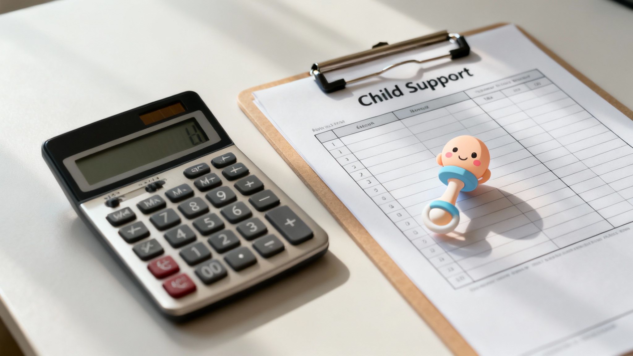 A calculator and building blocks on a desk, representing the financial planning for a child's future.