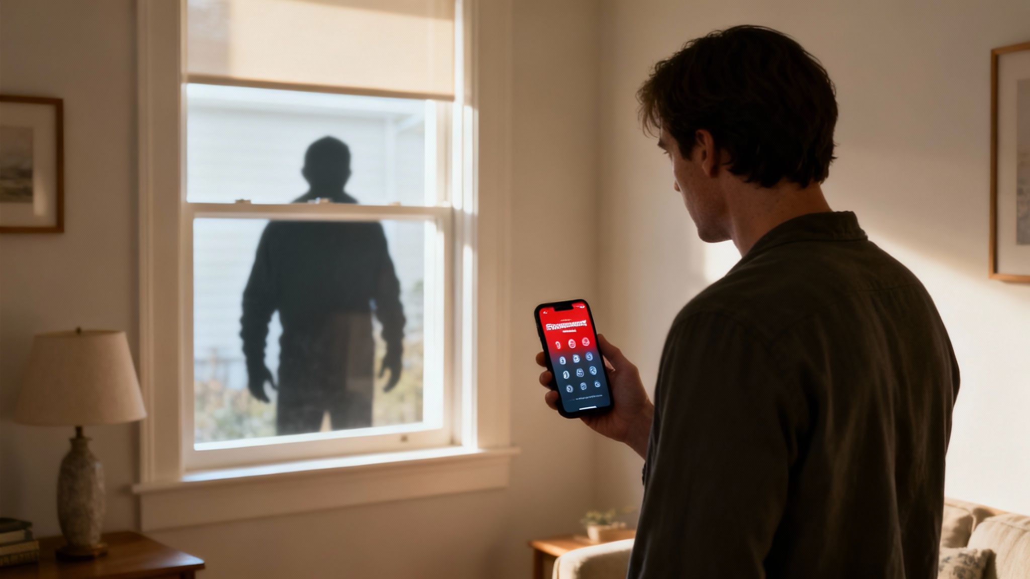 Una mujer mira su teléfono con preocupación, simbolizando el acoso o la violación de una orden de protección.