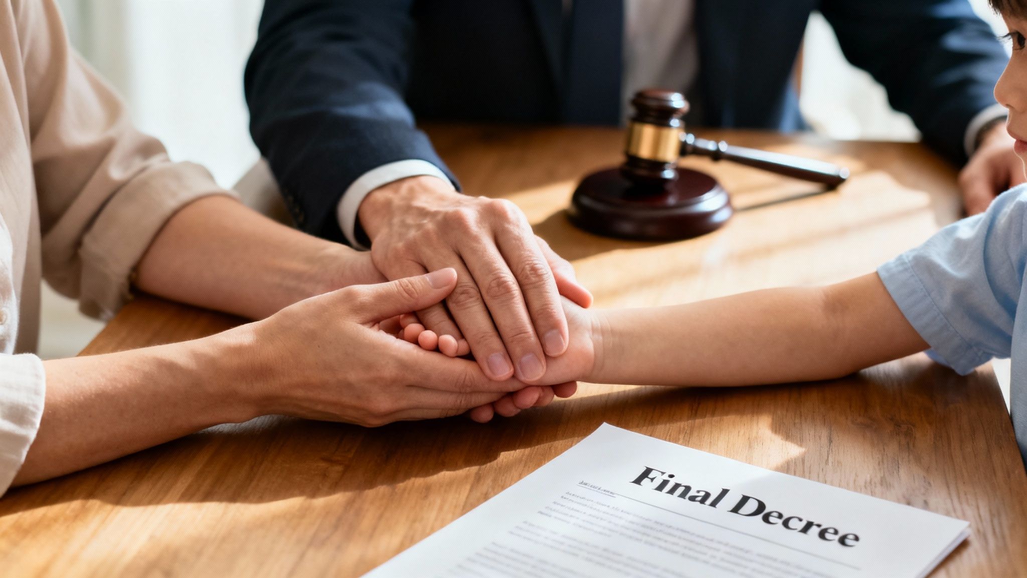 A smiling family with a judge in a courtroom setting, celebrating an adoption.