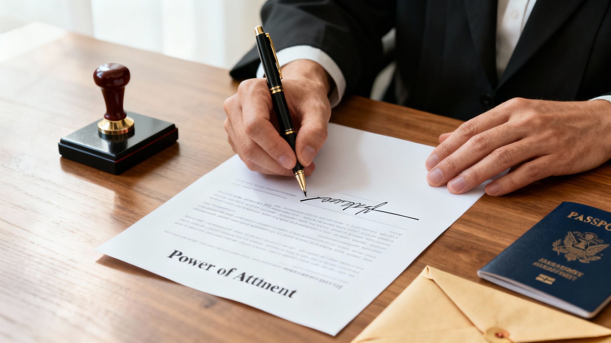 Close-up of a person signing a power of attorney document with a pen, passport, and stamp.