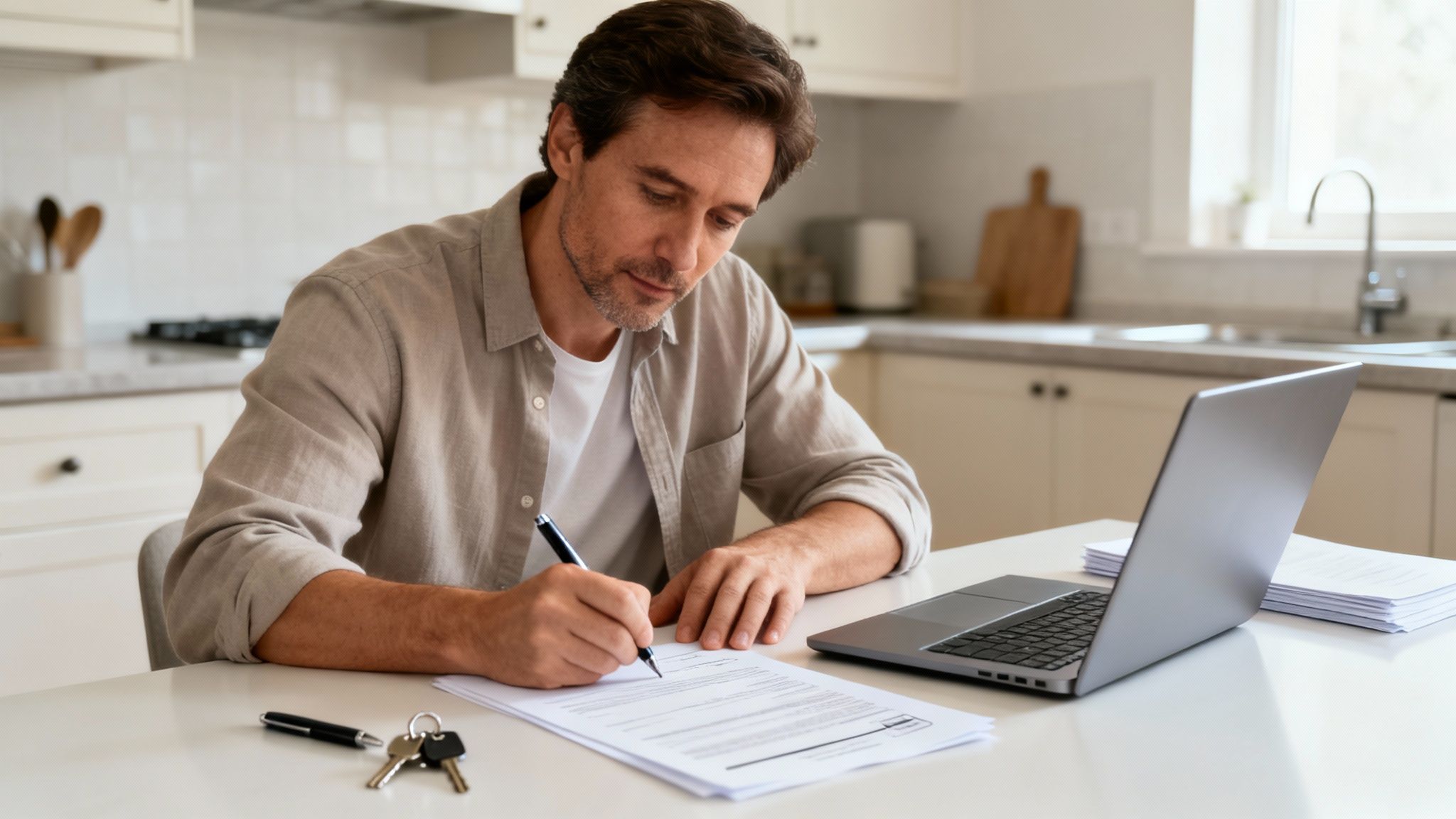 A man sits at a kitchen table, intently signing documents with a pen, next to a laptop and keys.
