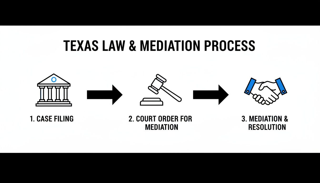 An infographic illustrates the three-step Texas law and mediation process: case filing, court order, and resolution.