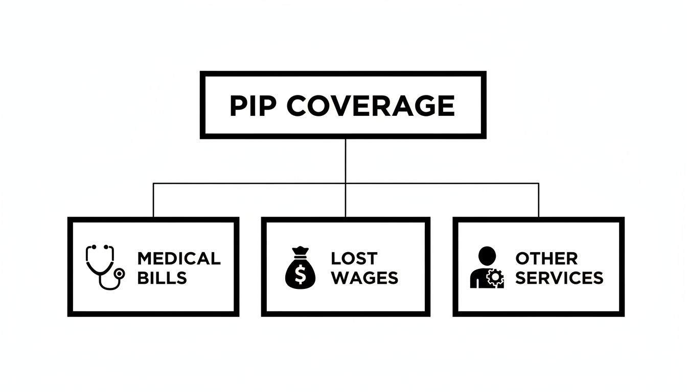 A diagram illustrates PIP coverage components: medical bills, lost wages, and other services.