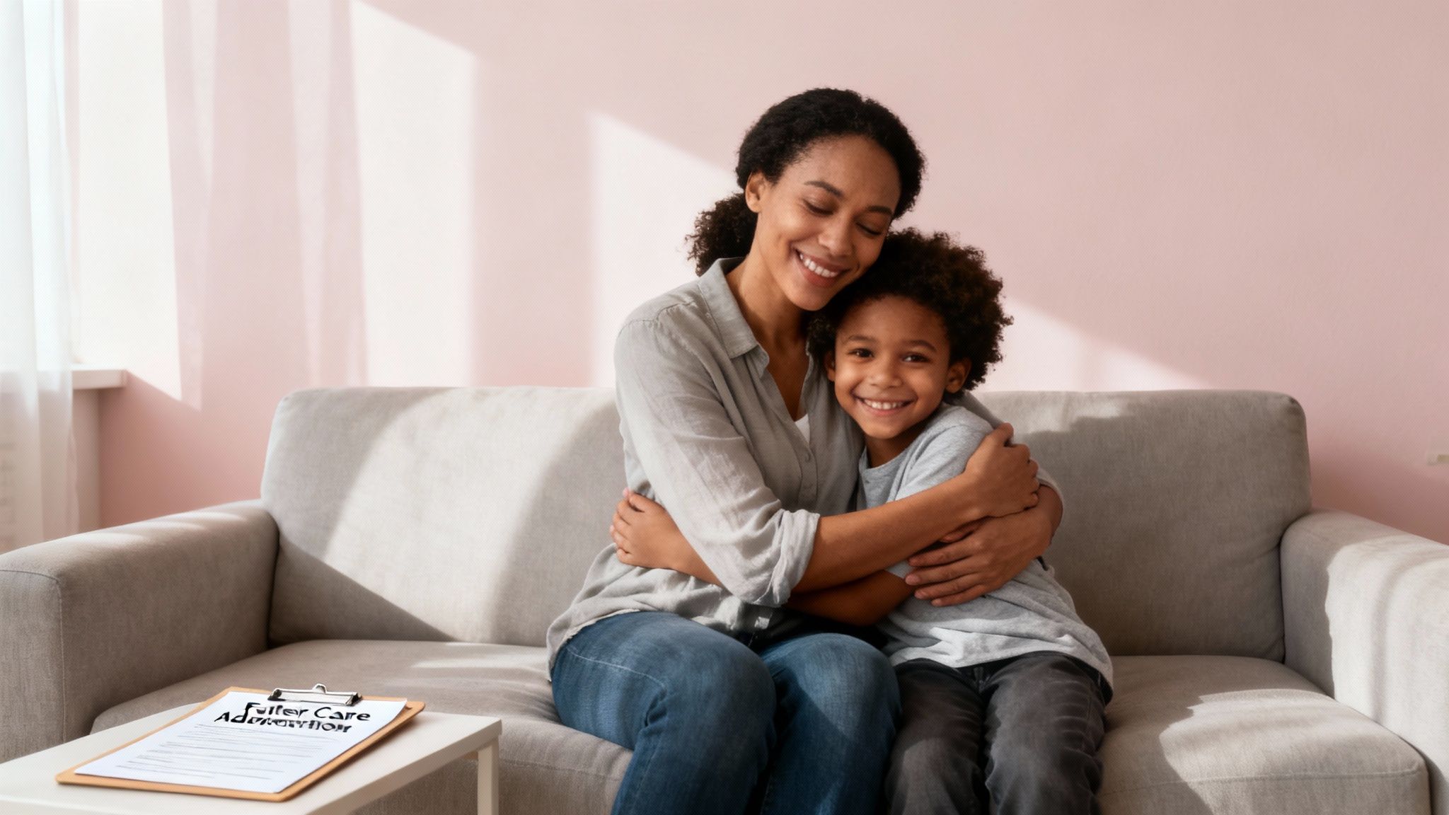 A diverse family laughing together in their living room, representing a foster care adoption.