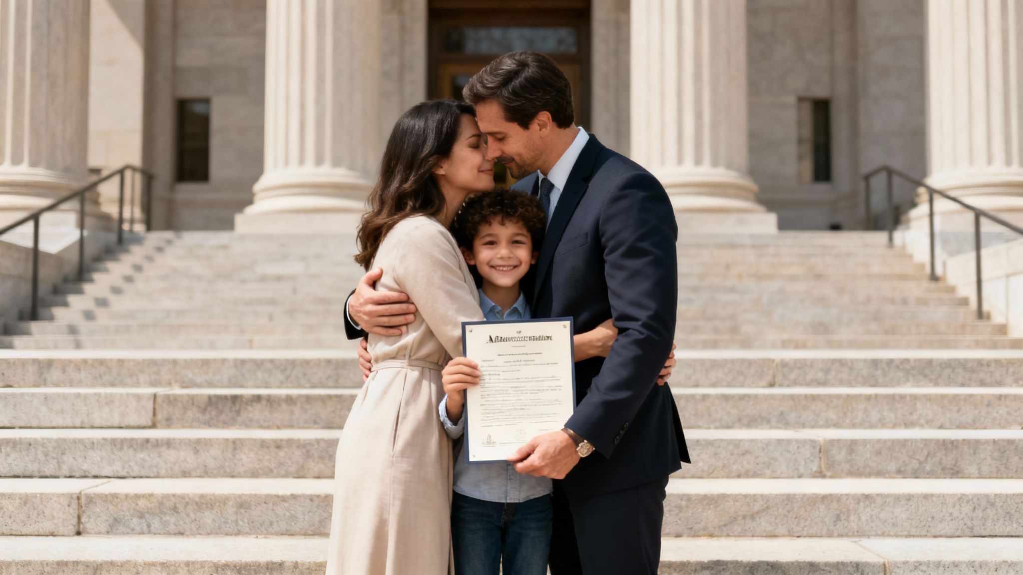 Happy family celebrating stepparent adoption with a certificate in front of a grand building.