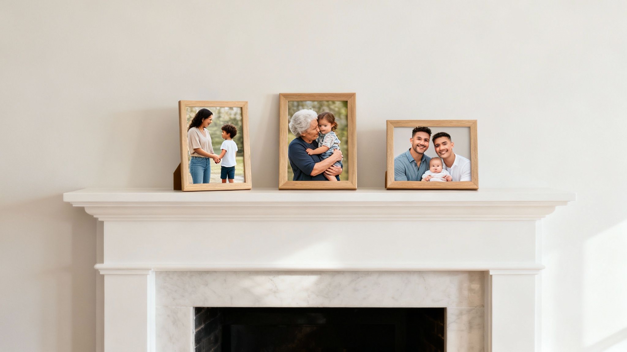Photos of diverse families displayed on a mantel, showcasing moments of love and connection, reflecting the theme of family adoption in Texas.