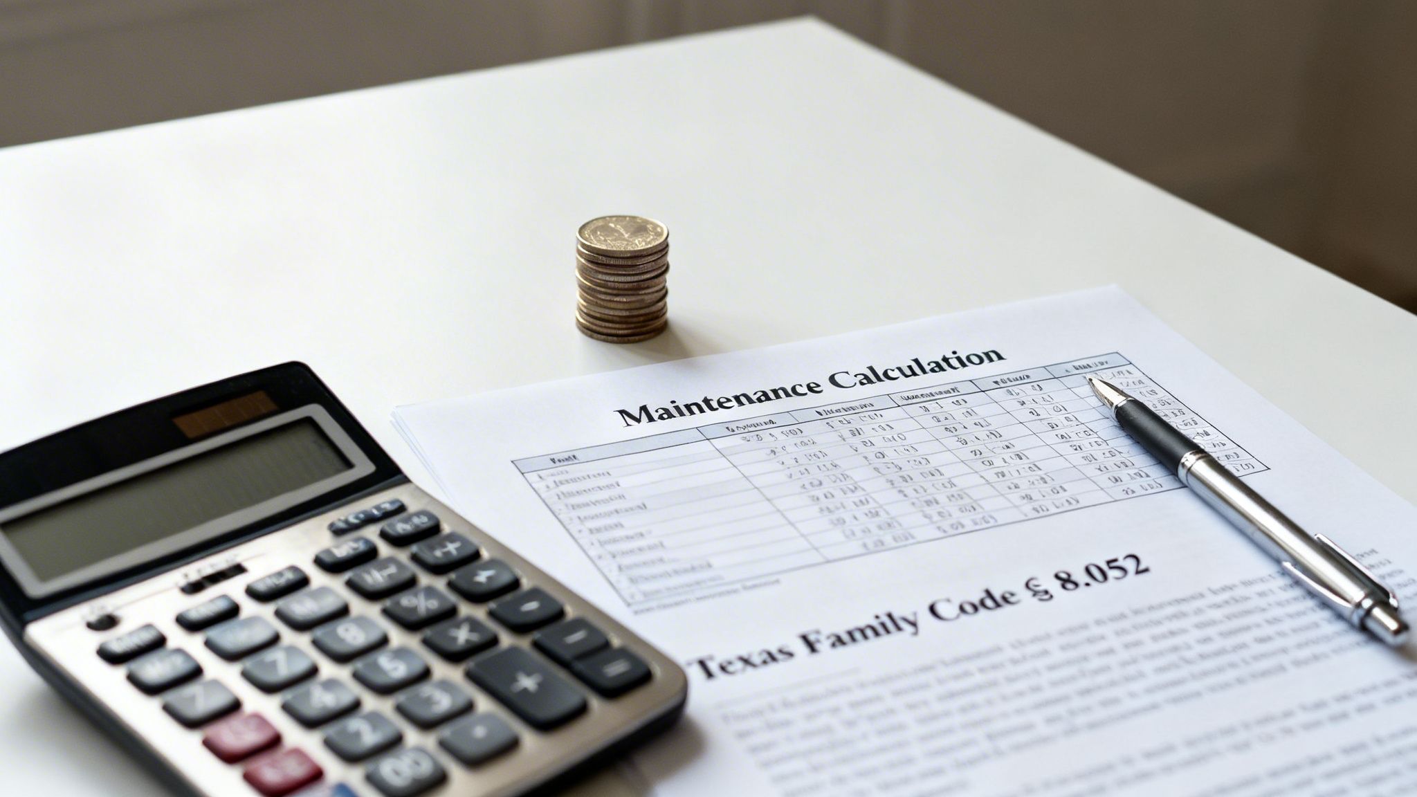 A calculator, stack of coins, pen, and a document titled 'Maintenance Calculation' for Texas Family Code.
