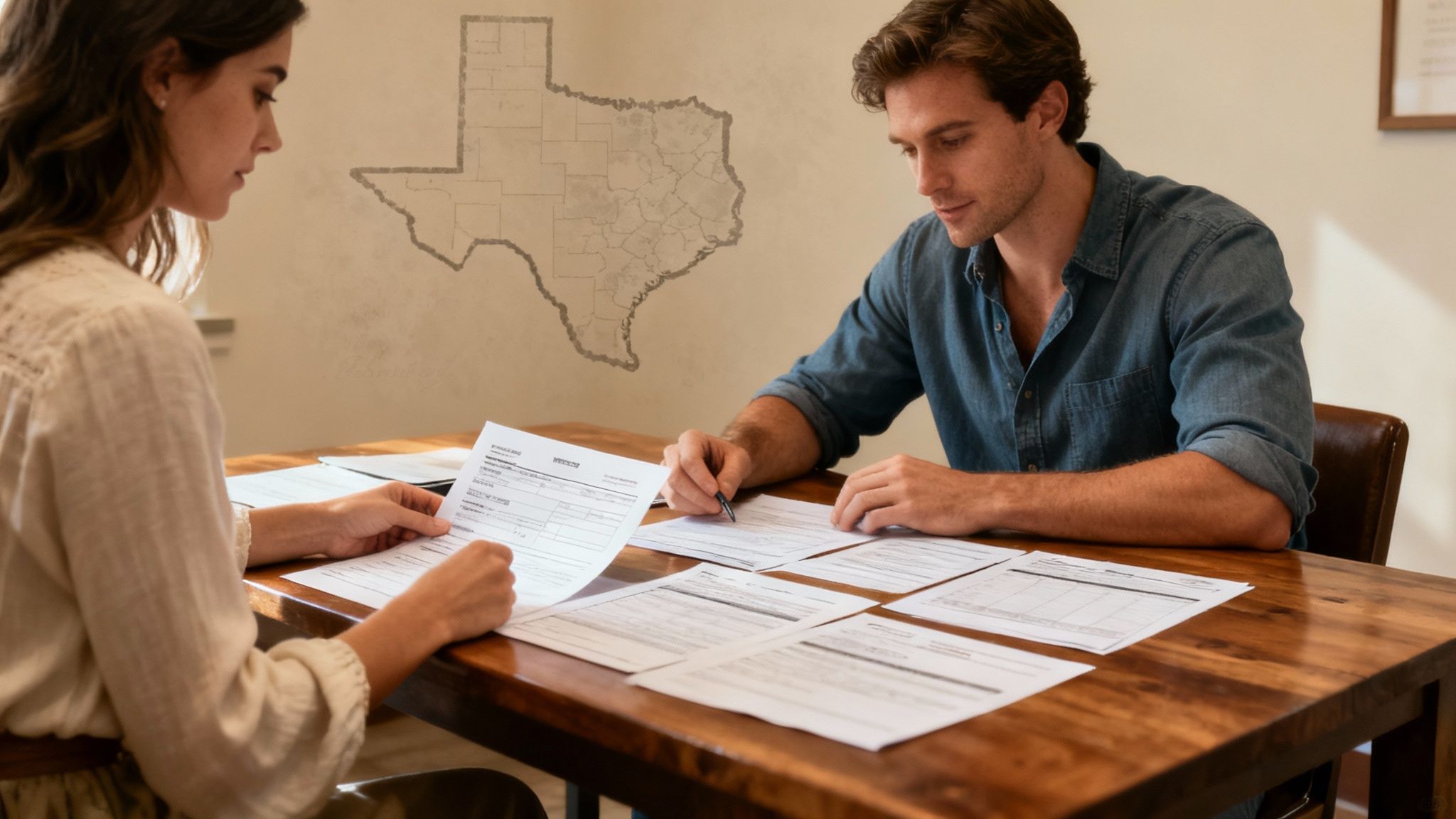 Couple reviewing adoption documents at a table, with Texas outline in background, emphasizing the stepparent adoption process in Texas.