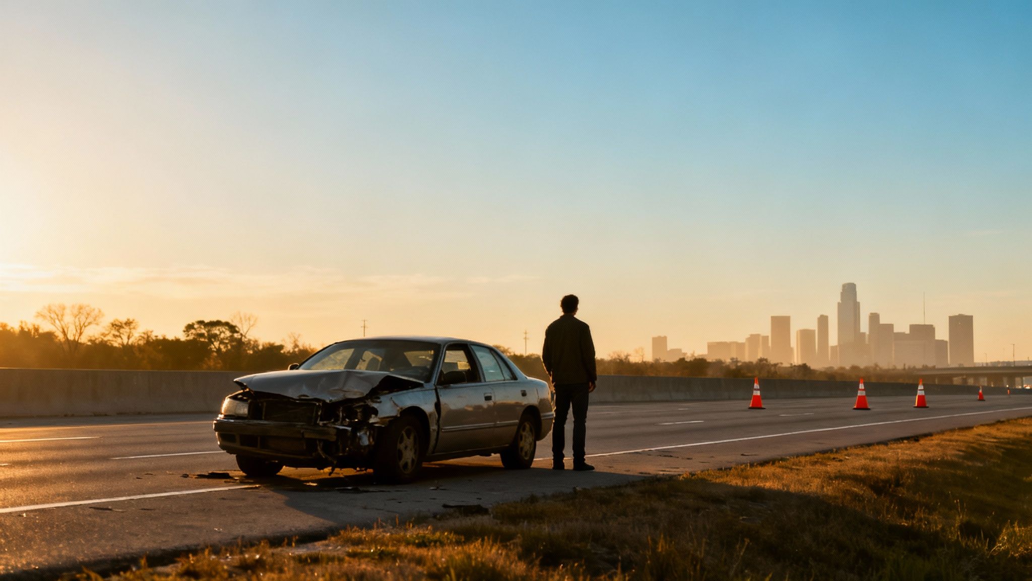 Man surveys his crashed car on a highway shoulder at sunset with a city skyline.