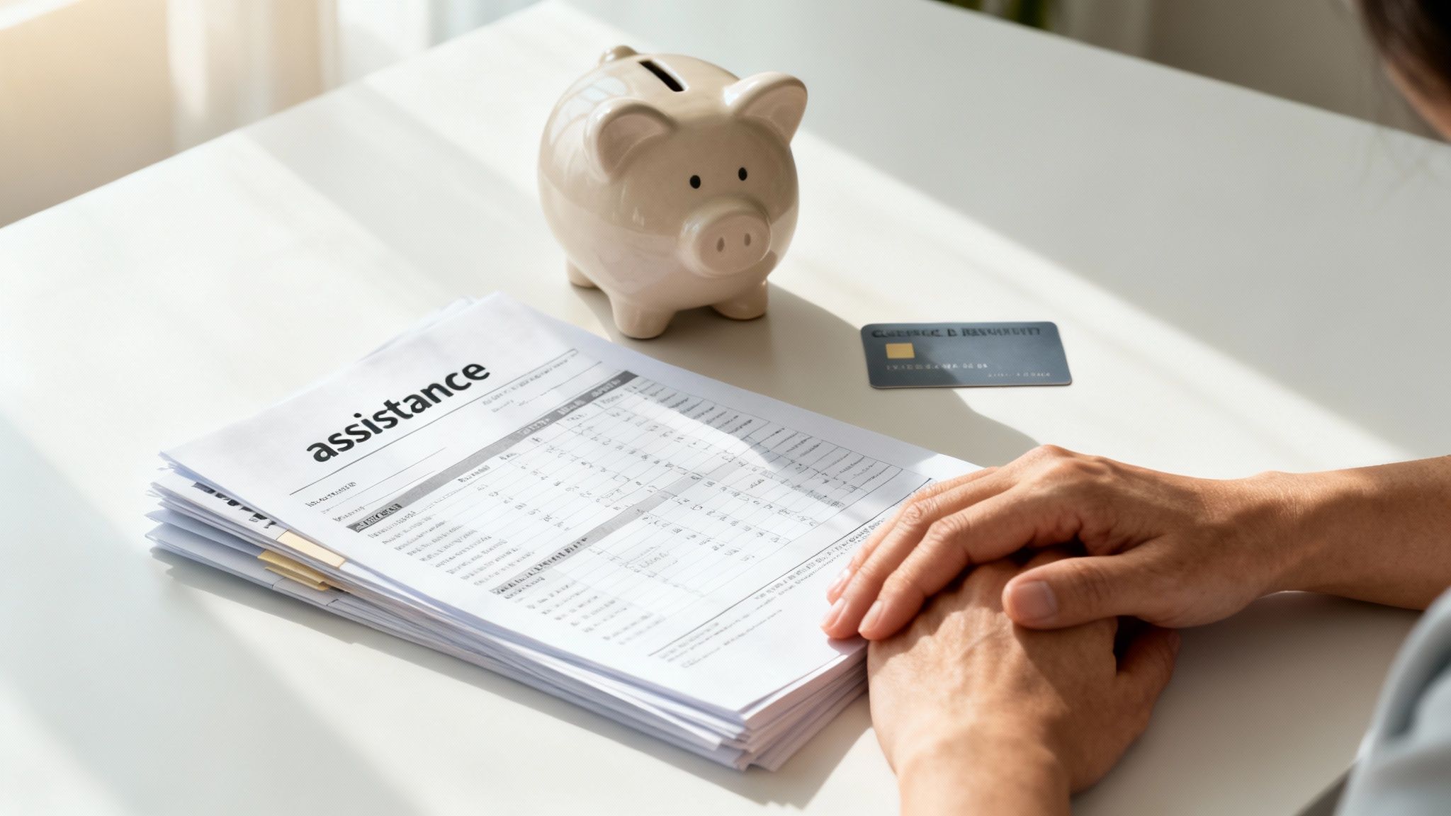 A person's hands rest on a stack of 'assistance' documents next to a piggy bank and credit card.