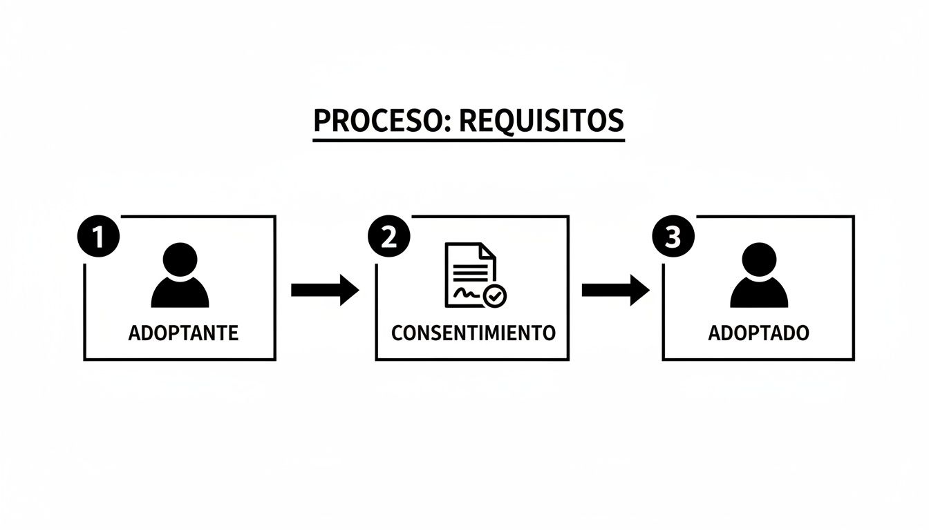 Diagrama de proceso de adopción mostrando tres pasos: adoptante, consentimiento y adoptado.