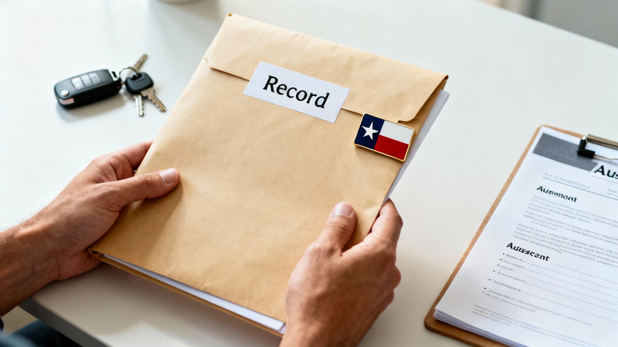 Person holding a brown envelope labeled "Record" with a Texas flag pin, symbolizing legal documentation related to a first DWI offense in Texas, alongside a clipboard with paperwork.