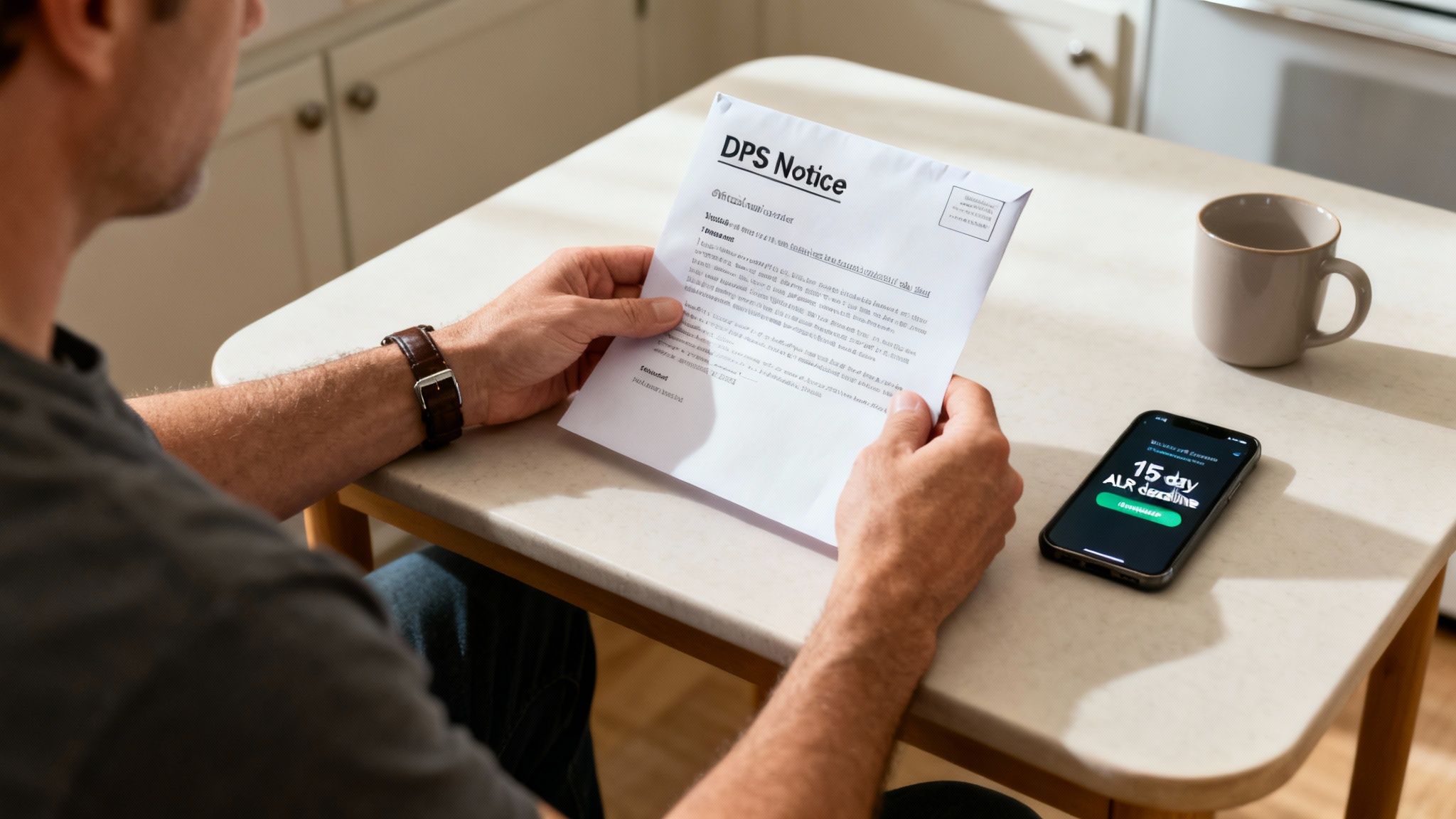 Person holding a "DPS Notice" letter regarding driver's license suspension, with a smartphone displaying "15 day ALR deadline" and a coffee mug on a table.