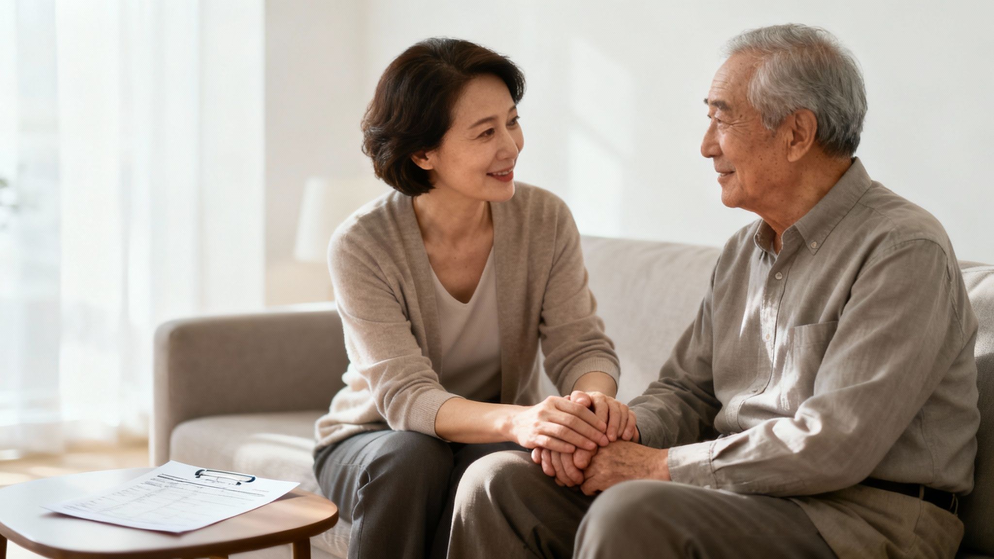 Woman and elderly man holding hands in a cozy living room, discussing guardianship decisions, with paperwork on a table, symbolizing emotional support and legal guidance.