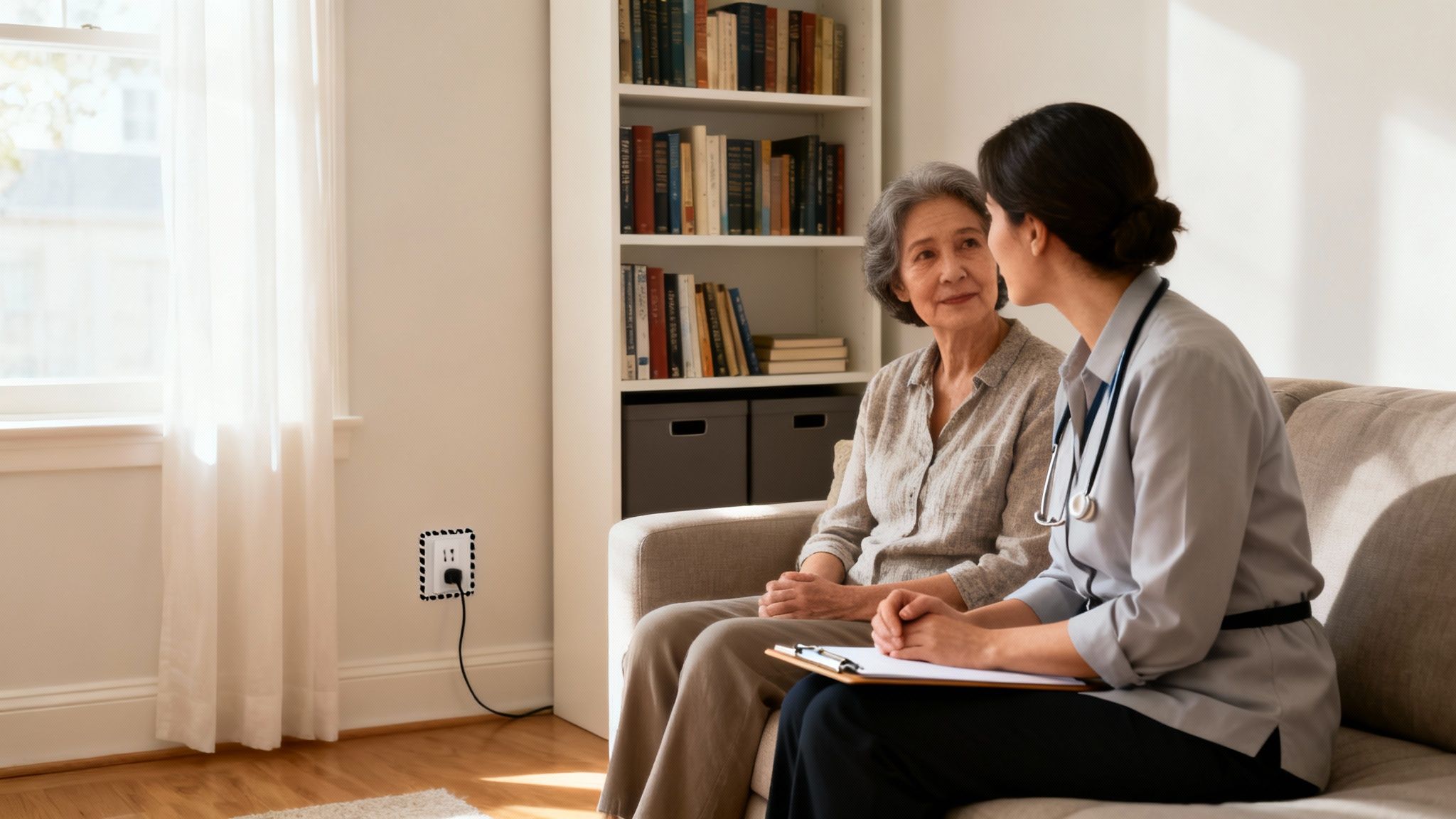 A healthcare professional with a stethoscope visits an elderly Asian woman at home.