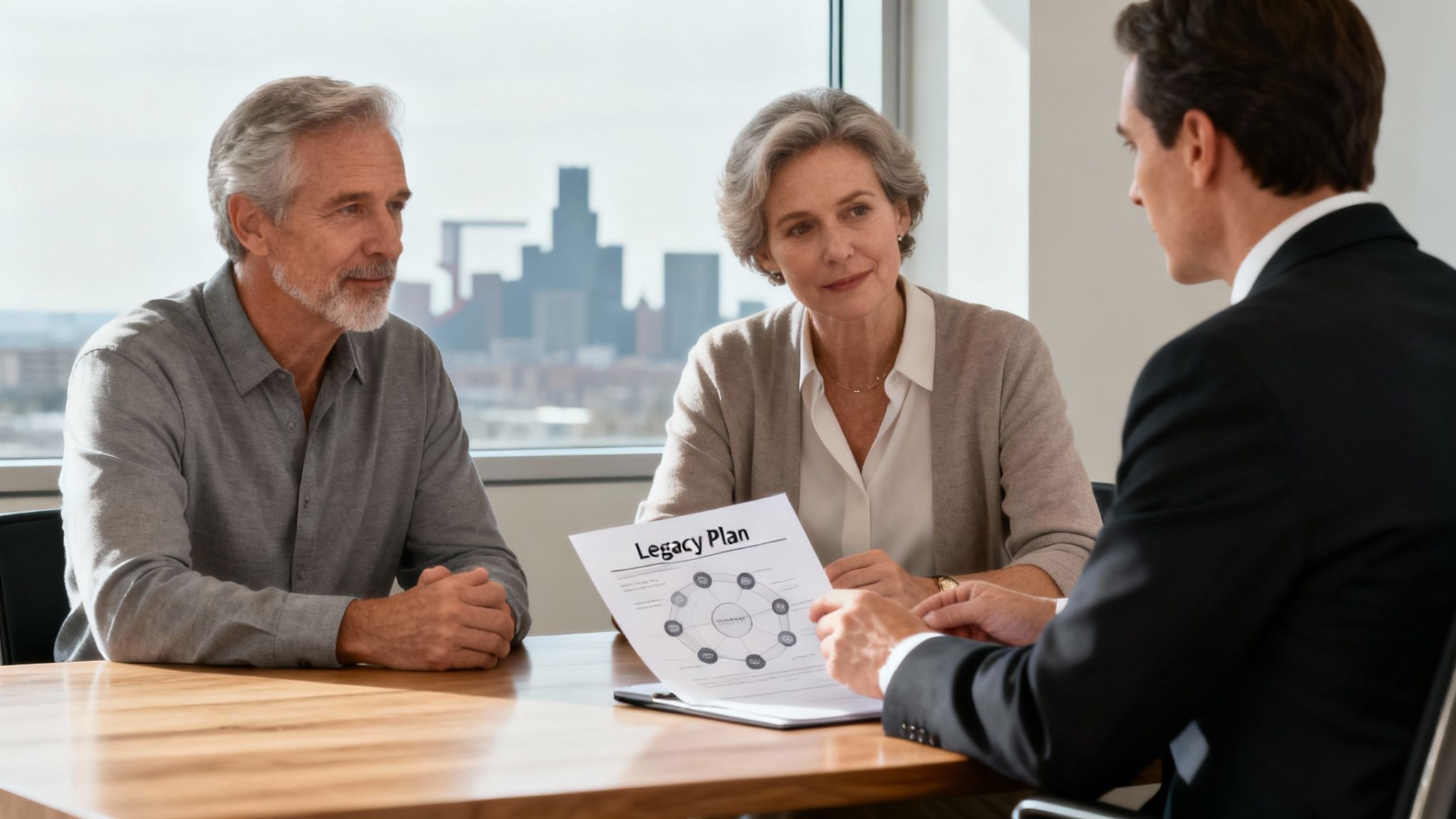 Couple discussing estate planning with attorney, reviewing a "Legacy Plan" document in a modern office setting with a city skyline view.
