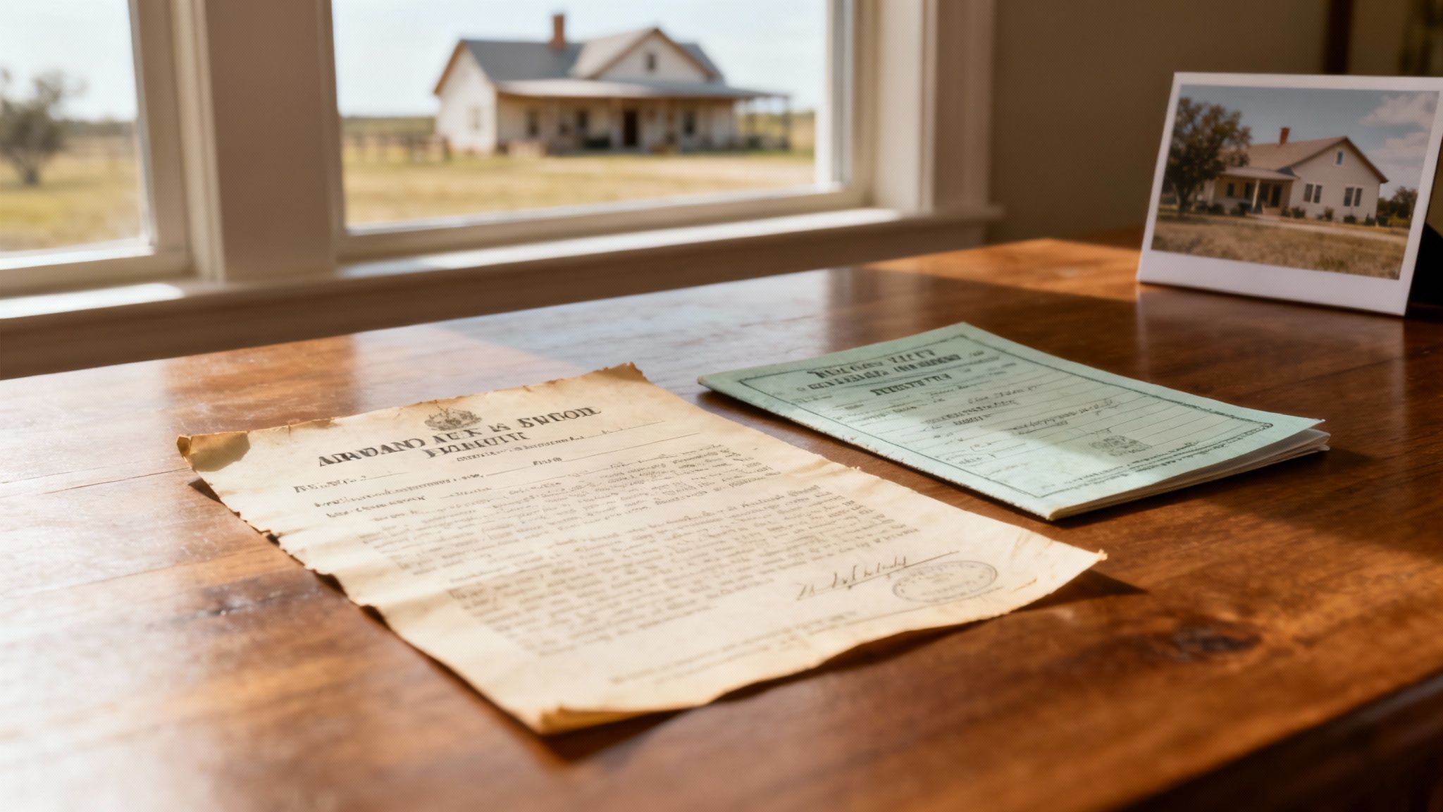 Vintage property documents and photograph on wooden table showing estate inheritance paperwork